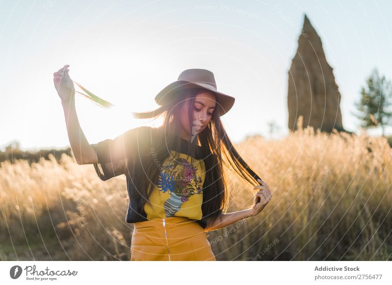 Cheerful young woman in hat in nature Woman pretty Nature Hat Beautiful Portrait photograph Youth (Young adults) Beauty Photography Model Attractive Fashion