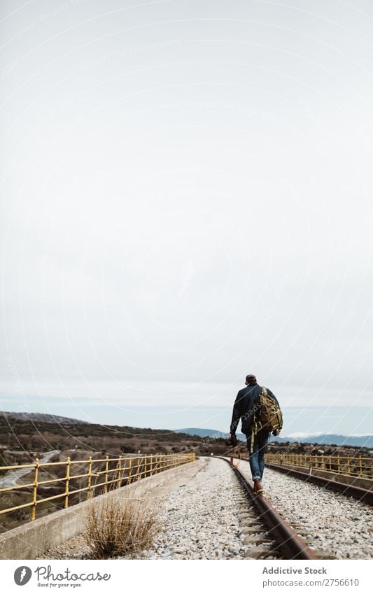 Person balancing on rail Man Railroad Nature Railroad tracks Balance Walking Rust Old Vacation & Travel Lifestyle Youth (Young adults) Landscape Track Beautiful