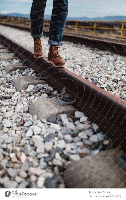 Person balancing on rail Man Railroad Nature Railroad tracks Balance Walking Rust Old Vacation & Travel Lifestyle Youth (Young adults) Landscape Track Beautiful