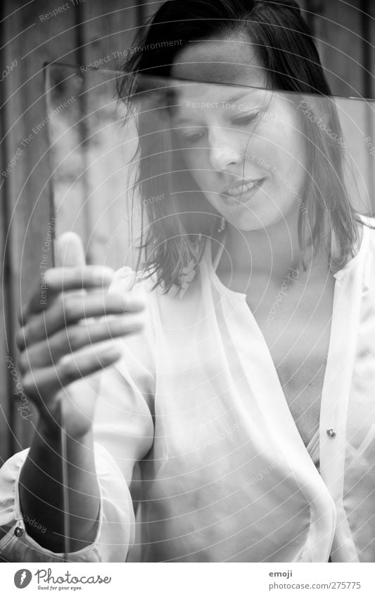 Glassy Feminine Young woman Youth (Young adults) 1 Human being Pane Black & white photo Exterior shot Day Reflection Shallow depth of field Portrait photograph