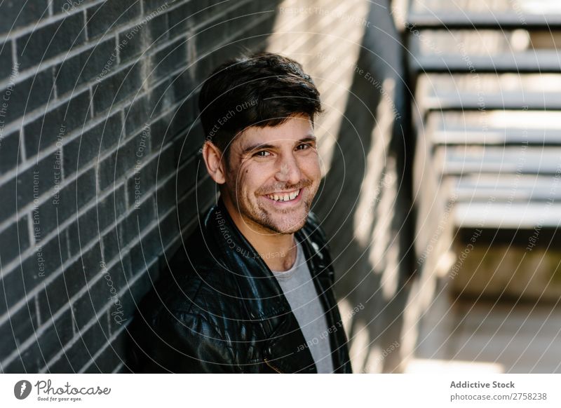 Smiling man in leather jacket Man Cheerful Happy Self-confident Youth (Young adults) Jacket Leather Cool (slang) Human being Portrait photograph Modern Model