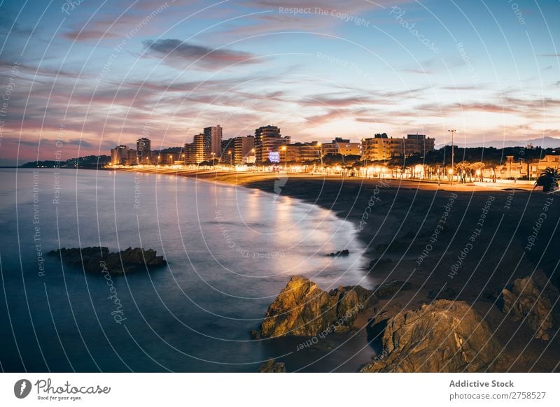 Costa Brava at night Girona Beach Blue brava Building Calm Catalonia Coast Ribs Dark daro Destination Europe Landscape Light Moody Night Deserted Ocean