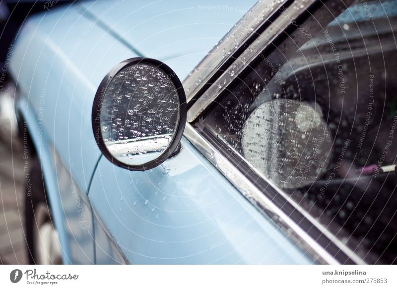 baby blue part 3 Water Drops of water Weather Bad weather Rain Transport Means of transport Motoring Vehicle Car Wet Blue Side mirror Mirror Colour photo