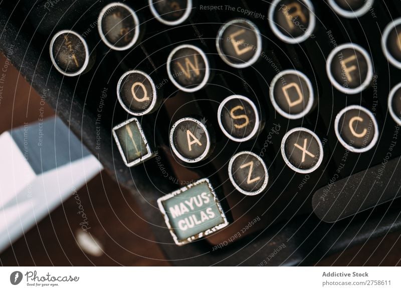 Keyboard of vintage typewriter Latin alphabet Antique Buttons Classic Close-up Empty Cast iron Bird's-eye view Grunge Horizontal keypad Letter (Mail) machine