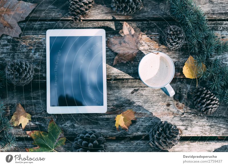 Tablet on a wooden table with coffee and pines outdoor Christmas & Advent Tablet computer Technology Gift Coffee Hot Drinking Modern Santa Claus Life Still Life