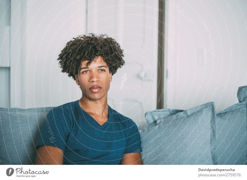 Portrait of a young thoughtful mixed race man sitting in the sofa Man Black Youth (Young adults) Portrait photograph Human being Mixed Racing sports American