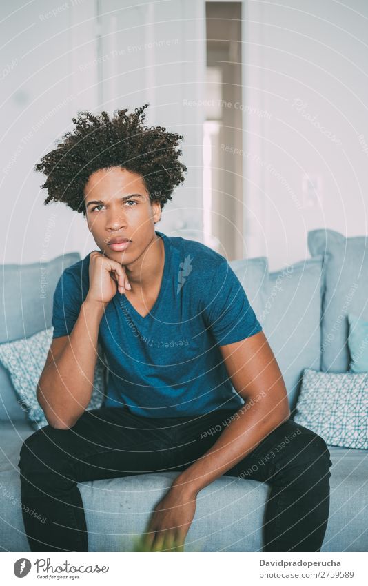 Portrait of a young thoughtful mixed race man sitting in the sofa Man Black Youth (Young adults) Portrait photograph Human being Mixed Racing sports American