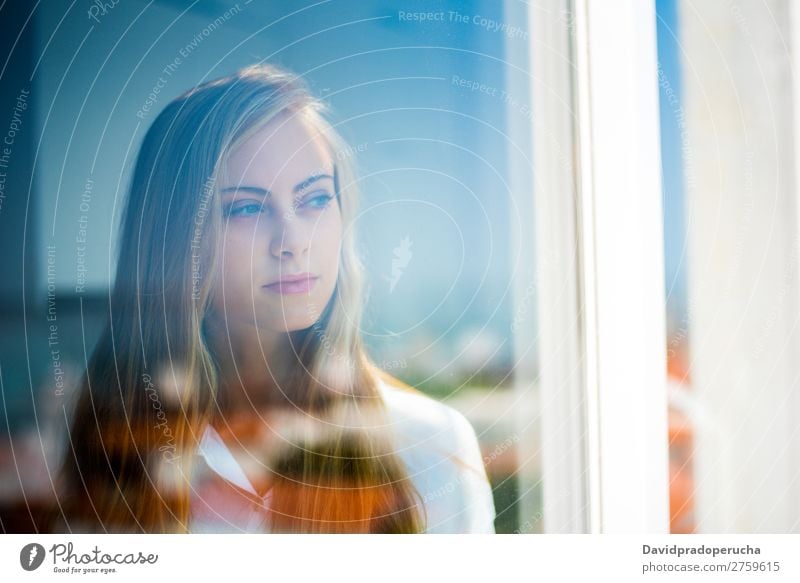 Young thoughtful woman looking through the window Woman Blonde Youth (Young adults) Considerate pretty Portrait photograph Window Close-up Life Home Happy