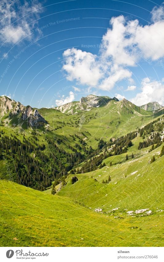 green mountain Nature Landscape Clouds Summer Hill Rock Alps Peak Gigantic Blue Green Adventure Loneliness Perspective mountain and valley Switzerland