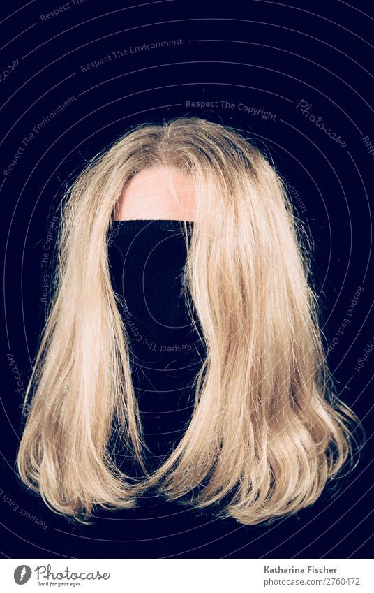 blonde hair head black turtleneck sweater Style Hair and hairstyles Head Blonde Long-haired Exceptional Brown Gold Black Presentation Faceless Colour photo