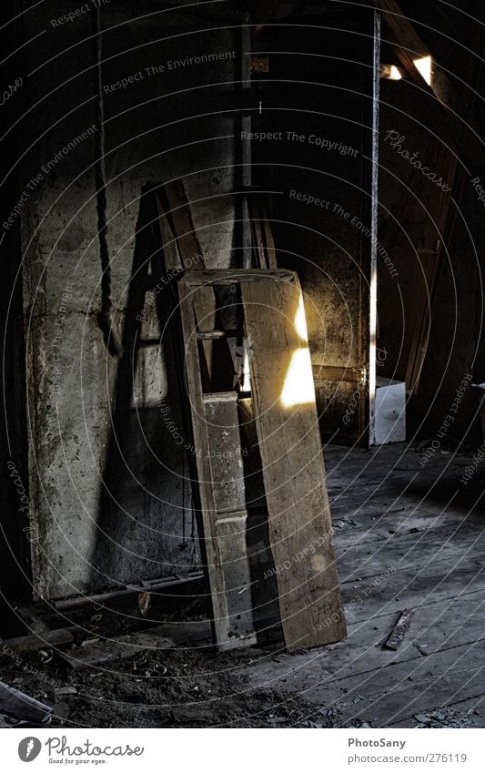 Window in sunlight Manmade structures Old Dirty Subdued colour Interior shot Deserted Light Shadow Sunlight Shaft of light Attic Shabby Still Life Junk