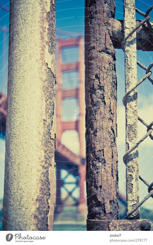 Rusty Gate Bridge Landmark Old Town Blue Brown Red Fence Golden Gate Bridge Iron-pipe Column Subdued colour Exterior shot Close-up Deserted Copy Space left