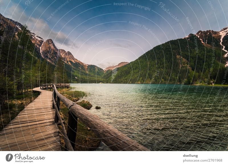 footbridge for hiking, at the lake, with view of the mountains Panorama (View) Deep depth of field Contrast Shadow Light Twilight Evening Day Exterior shot