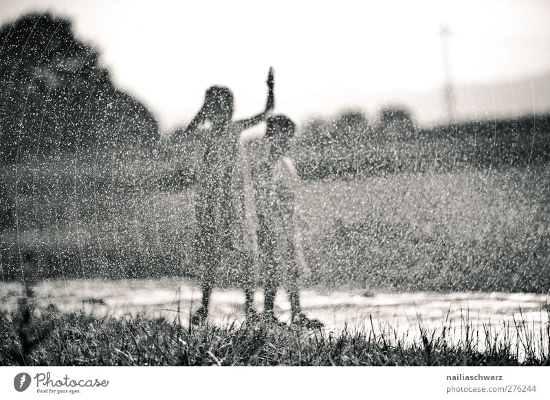 rain fun Child Girl Boy (child) Brothers and sisters Friendship Infancy 2 Human being 3 - 8 years Landscape Water Drops of water Summer Beautiful weather Rain