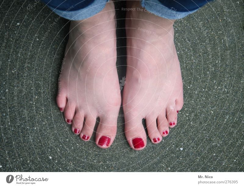 lacquered Personal hygiene Pedicure Nail polish Feminine Skin Feet Stand Wait Red Barefoot Toes stood idle Styling Odor Legs Perspective Site Abstract Varnished