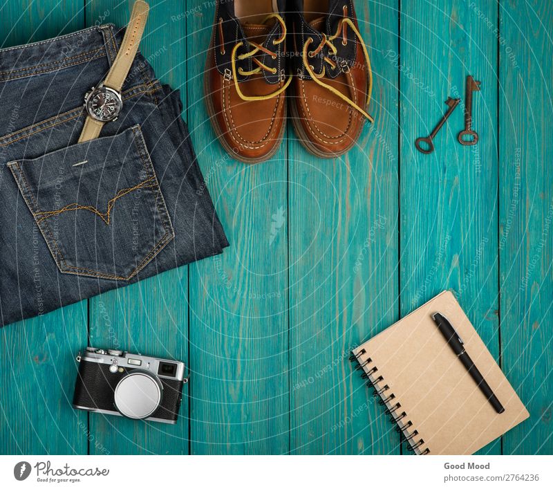 Travel concept - shoes, jeans, notepad, camera Vacation & Travel Trip Desk Table Camera Fashion Clothing Pants Jeans Leather Accessory Footwear Wood Retro Blue