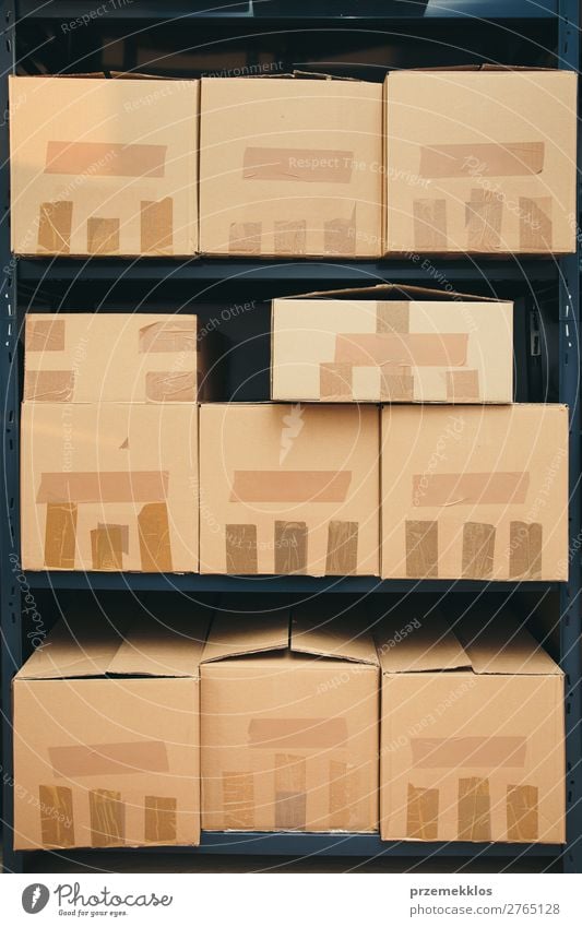 Cardboard boxes on shelves File Packaging Package Large Brown archive Carton depository distribution equipment many room shelf Arrange sorted Stack stock