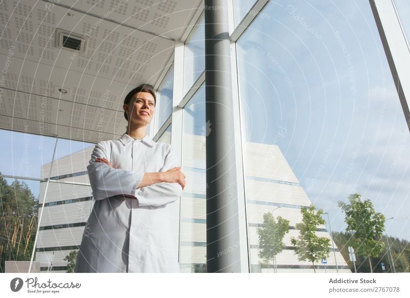 Woman in whites at modern building Laboratory Work and employment Science & Research Building Modern Contemporary Human being Scientist Medication Chemistry