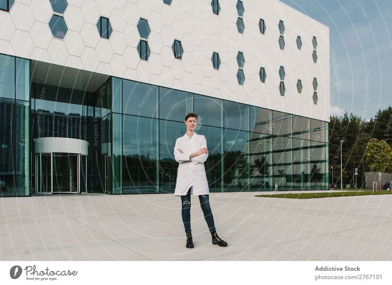 Woman in whites at modern building Laboratory Work and employment Science & Research Building Modern Contemporary Human being Scientist Medication Chemistry