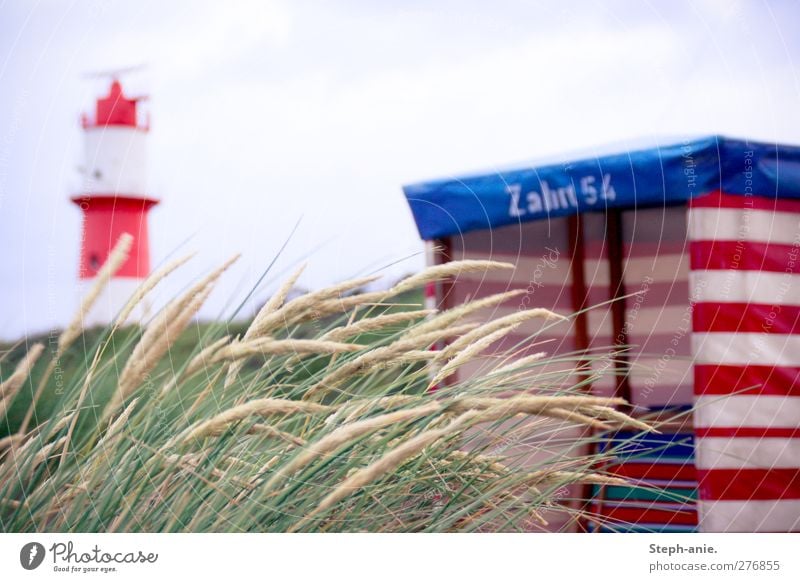 dunes Vacation & Travel Nature Sand Sky Clouds Grass Marram grass Dune Beach North Sea Tower Lighthouse Exceptional Natural Gloomy Blue Green Red Humble Boredom