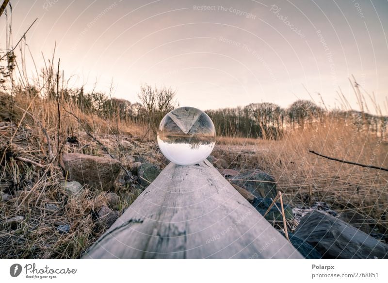 Crystal ball in balance on a wooden log Bowl Beautiful Harmonious Contentment Meditation Winter Mirror Nature Landscape Sky Coast Lake Stone Sphere Glittering