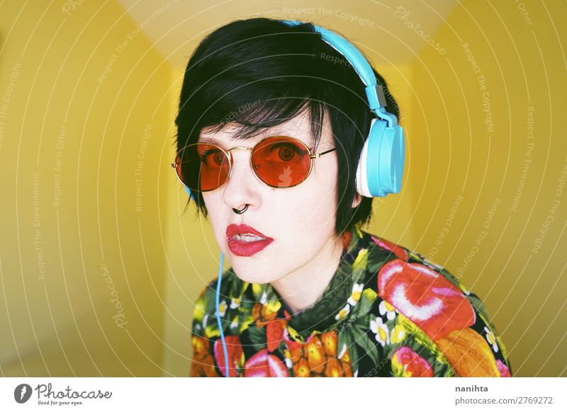 Cool androgynous dj woman in vibrant colors Hair and hairstyles Summer Music Disc jockey Headset Technology Entertainment electronics Human being Feminine