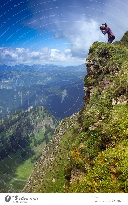 Brave photographer Climbing Mountaineering Woman Adults 1 Human being Nature Landscape Plant Animal Earth Sky Clouds Horizon Summer Beautiful weather Hill Rock