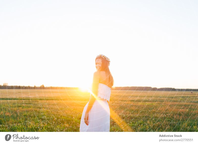 Romantic woman in green field Woman romantic Field Floral Wreath Style Feminine Joy Delicate Model Freedom Landscape Leisure and hobbies Happiness Gold