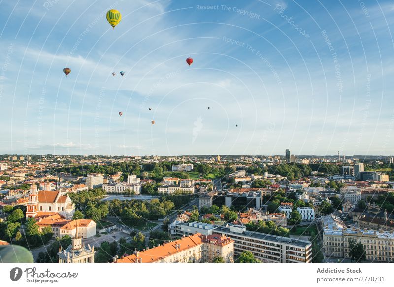 Aerial view of cityscape and air balloons Landscape Vantage point Skyline Aircraft Panorama (Format) Tourism Architecture City Adventure Town Vacation & Travel