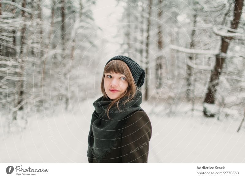 Cheerful woman in winter forest Woman Forest Winter Snow Cold Nature Youth (Young adults) White Beautiful Happy Seasons Joy Lifestyle Leisure and hobbies