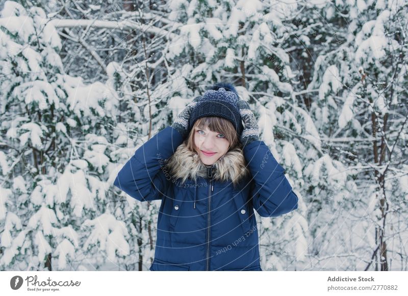 Cheerful woman in winter forest Woman Forest Winter Snow Cold Nature Youth (Young adults) White Beautiful Happy Seasons Joy Lifestyle Leisure and hobbies