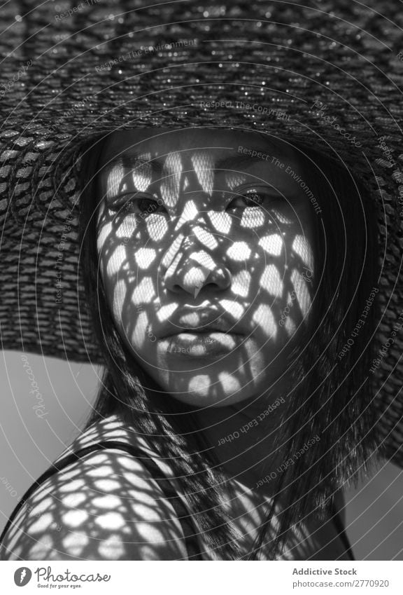 Asian woman in big hat Woman Style fashionable asian Hat Sun Protection Shadow Grid Beautiful Fashion Beauty Photography Youth (Young adults) Model