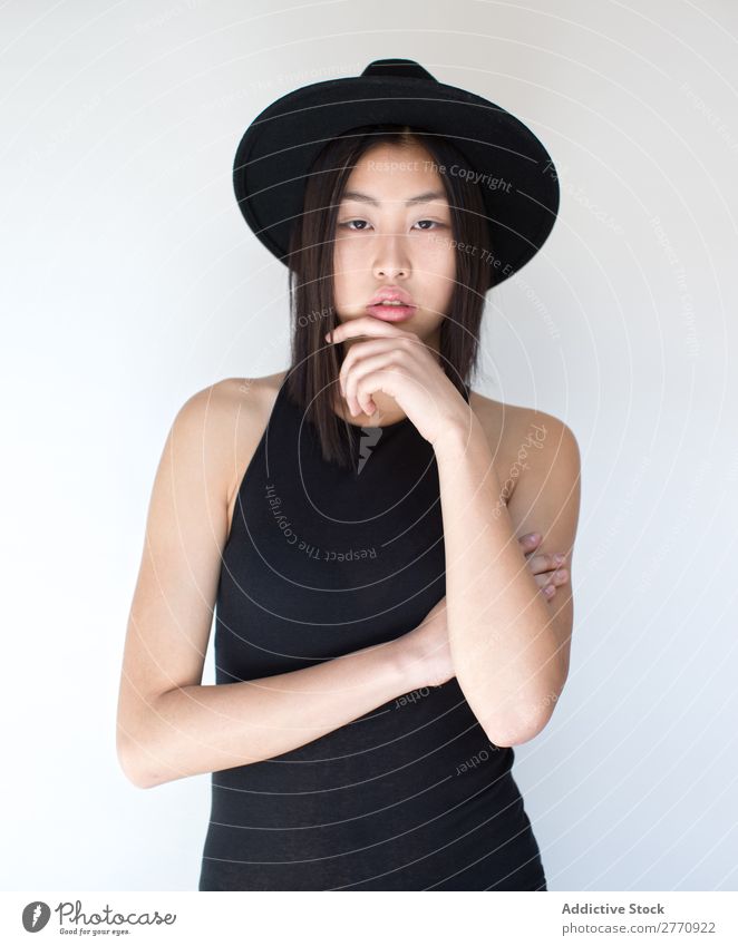 Young Asian woman with posing in studio with hat Woman Style fashionable asian Hat Beautiful Fashion Beauty Photography Youth (Young adults) Model