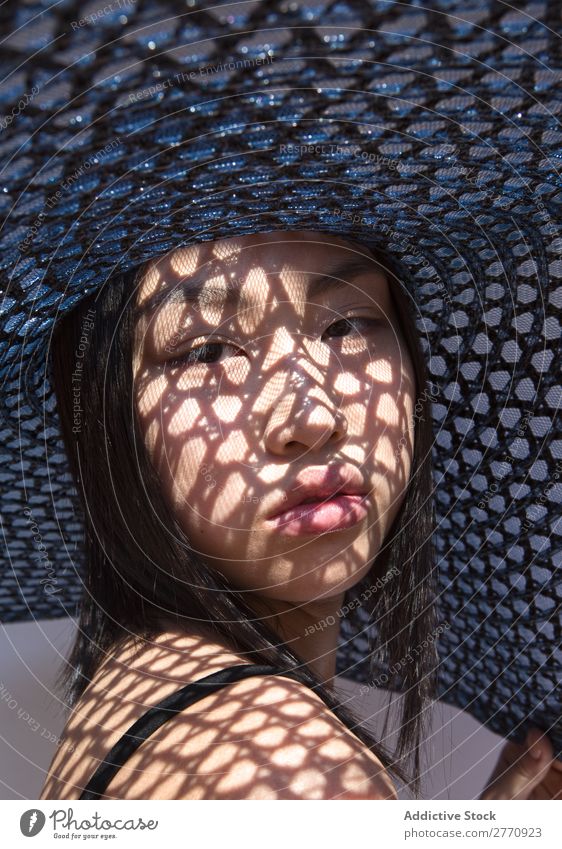 Asian woman in big hat Woman Style fashionable asian Hat Sun Protection Shadow Grid Beautiful Fashion Beauty Photography Youth (Young adults) Model