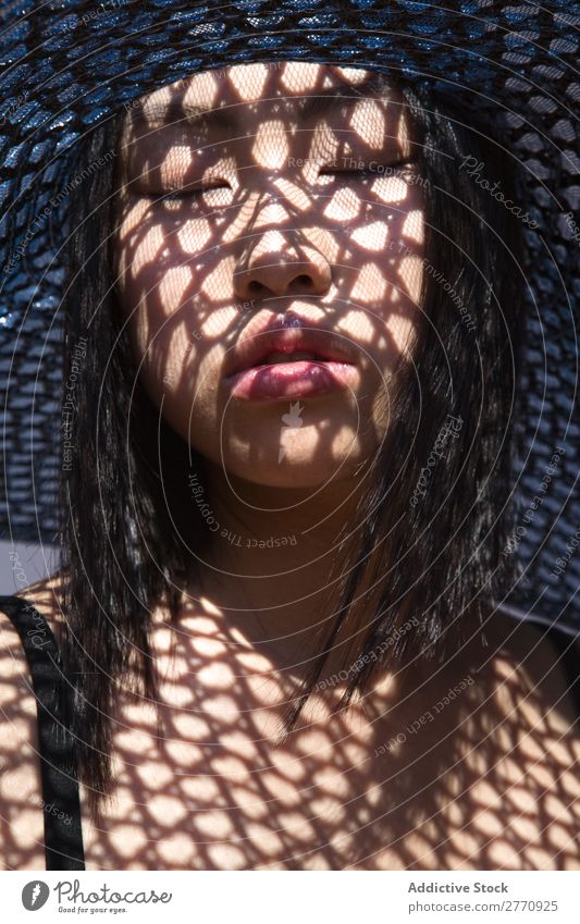 Asian woman in big hat Woman Style fashionable asian Hat Sun Protection Shadow Grid Beautiful Fashion Beauty Photography Youth (Young adults) Model