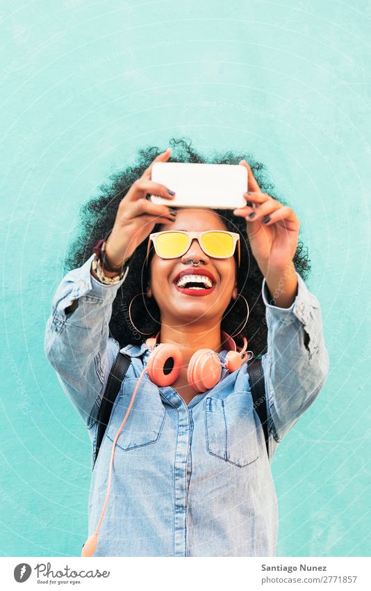 Self portrait of beautiful young afro american woman. Woman Black African Afro Human being Portrait photograph Sign Peace City Youth (Young adults) PDA Mobile