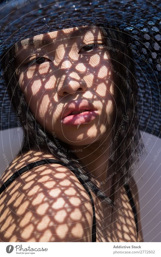 Asian woman in big hat Woman Style fashionable asian Hat Sun Protection Shadow Grid Beautiful Fashion Beauty Photography Youth (Young adults) Model