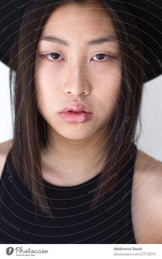 Young Asian woman with posing in studio with hat Woman Style fashionable asian Hat Beautiful Fashion Beauty Photography Youth (Young adults) Model