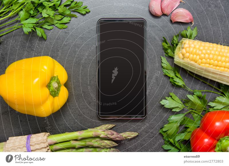 vegetables and mobile phone on slate table Neutral Background Food Healthy Eating Food photograph Asparagus Black Dark Slate Carrot Gray Fresh Cooking market