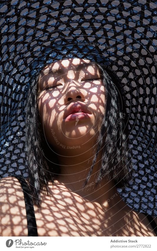 Asian woman in big hat Woman Style fashionable asian Hat Sun Protection Shadow Grid Beautiful Fashion Beauty Photography Youth (Young adults) Model