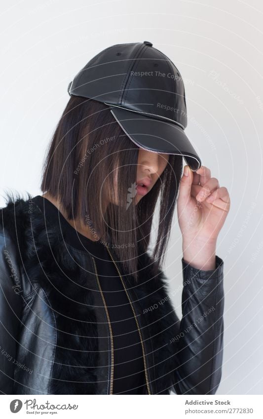 Pretty stylish Asian woman posing in studio Woman Style fashionable asian Cap Hat Beautiful Fashion Beauty Photography Youth (Young adults) Model