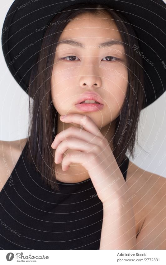 Young Asian woman with posing in studio with hat Woman Style fashionable asian Hat Beautiful Fashion Beauty Photography Youth (Young adults) Model