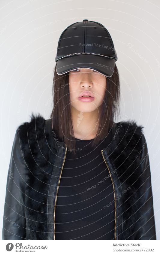 Pretty stylish Asian woman posing in studio Woman Style fashionable asian Cap Hat Beautiful Fashion Beauty Photography Youth (Young adults) Model