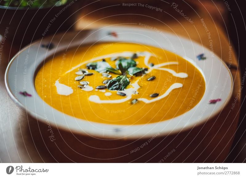 Pumpkin soup on the plate Healthy Eating Dish Food photograph Interior shot cake Cooking Lunch Flat (apartment) homemade Vegan diet Vegetarian diet