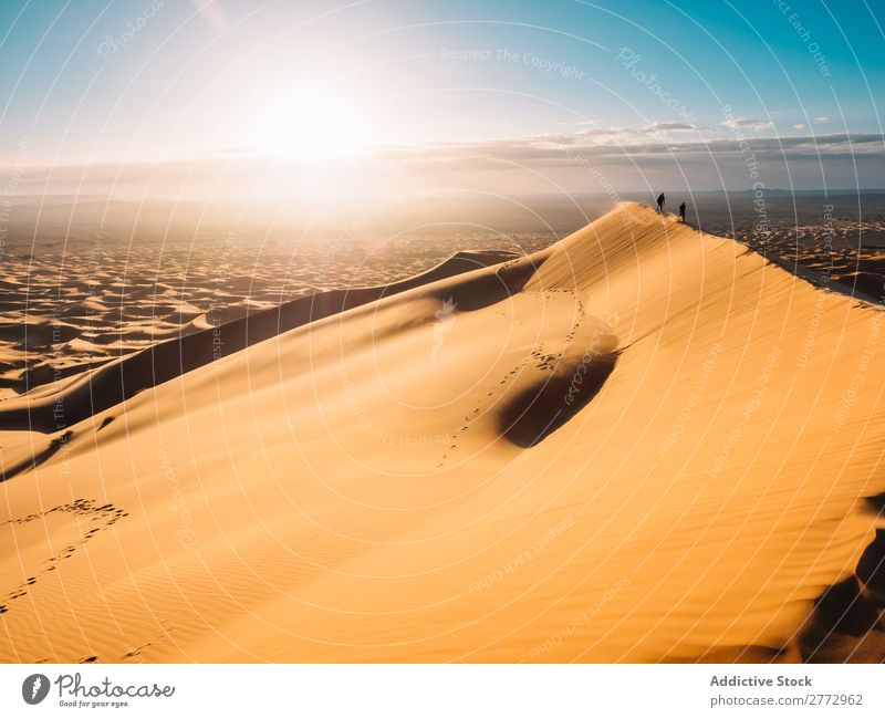 Anonymous people walking in desert Desert Remote traveler Sand Tourism Moon Walking Adventure Silhouette Tourist Landscape Nature Vacation & Travel Dry Dune