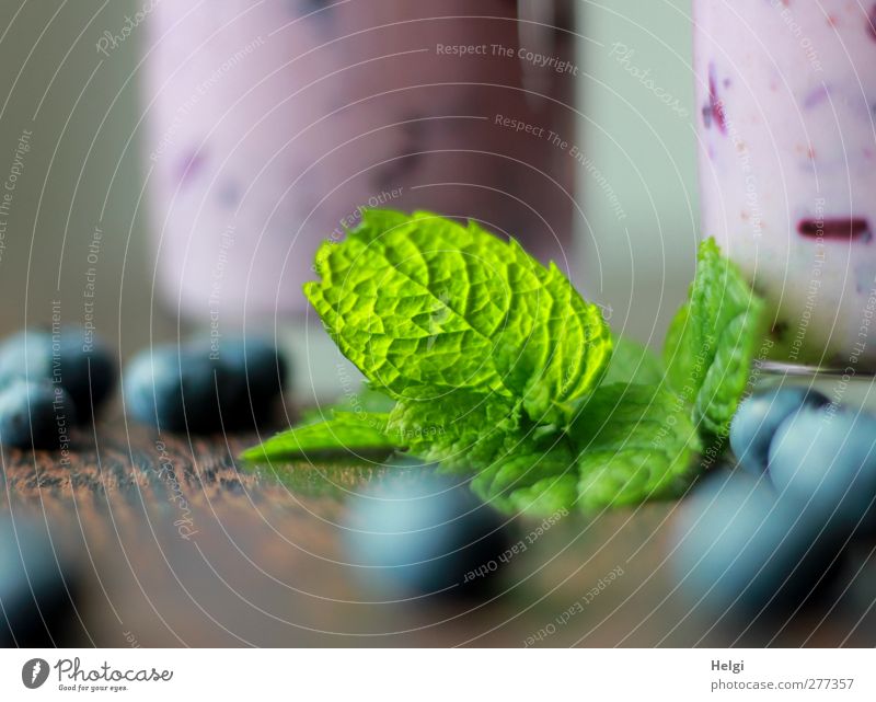 a green leaf of mint lies on a table with blueberries and in the background two glasses with blueberry smothie Food Dairy Products Fruit Blueberry Mint leaf