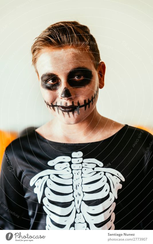 Portrait of boy disguised of skeleton at home. Hallowe'en Child Boy (child) Painting (action, artwork) Skeleton Joy Disguised Family & Relations Brother