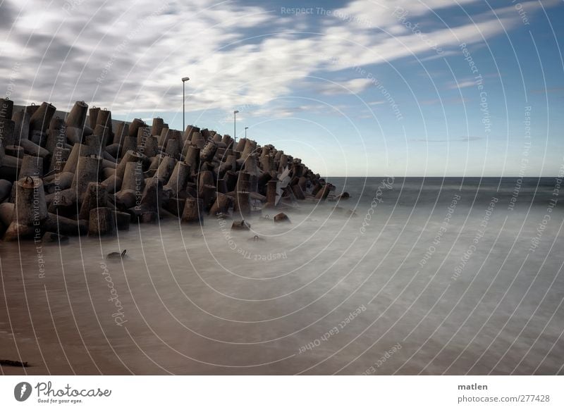 wall Sky Clouds Beautiful weather Coast Ocean Blue Brown White Mole Lamp Surf Subdued colour Exterior shot Copy Space bottom Day Long exposure