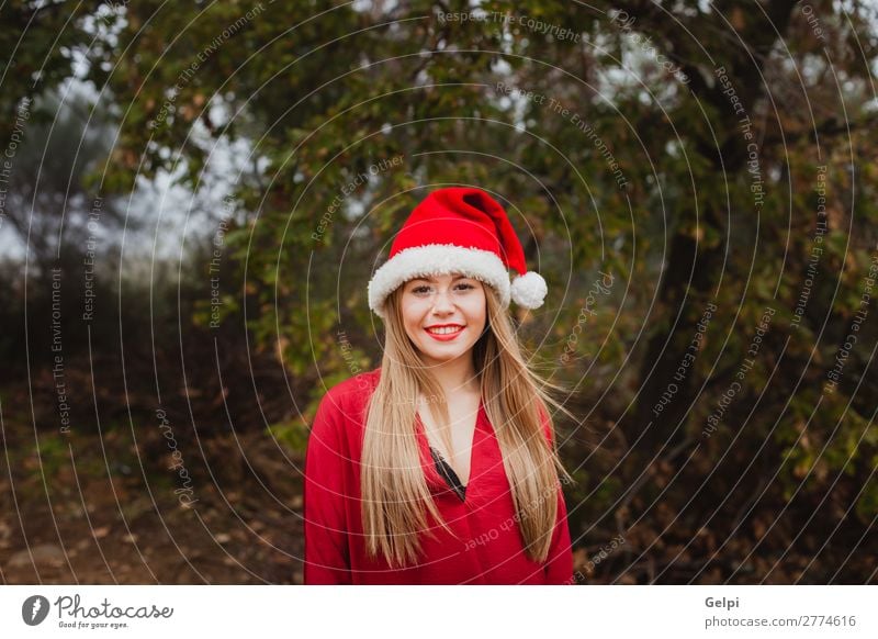 Young woman with Christmas hat in the forest Lifestyle Joy Happy Beautiful Face Calm Winter Christmas & Advent Human being Woman Adults Lips Nature Fog Tree