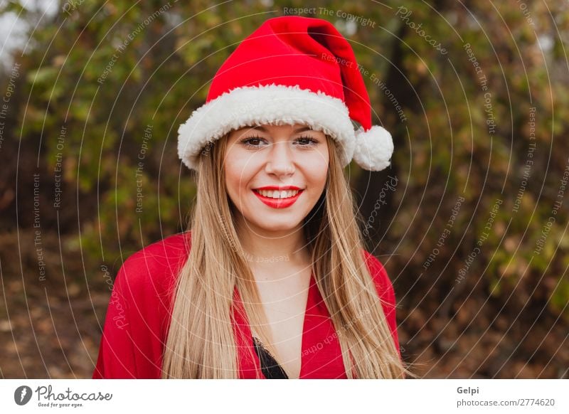 Young woman with Christmas hat in the forest Lifestyle Joy Happy Beautiful Face Calm Winter Christmas & Advent Human being Woman Adults Lips Nature Fog Tree